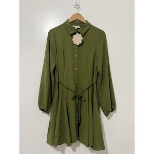 Indulge In Style Olive Green Button Front Shirt Dress XL NWT Boho Fit & Flare